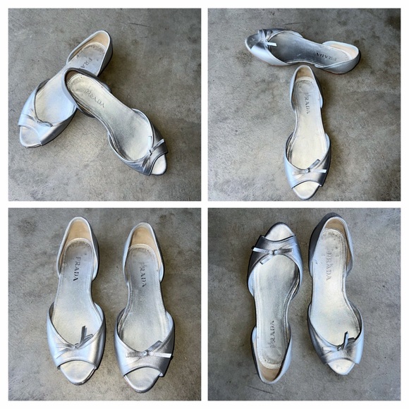 PRADA METALLIC SILVER LEATHER OPEN TOE FLATS - Picture 4 of 8